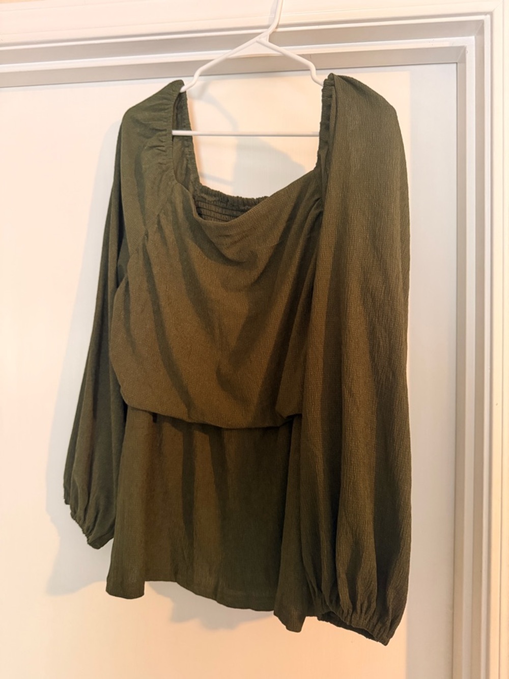 SHEIN Olive Green Long-Sleeve Smocked Peasant Top